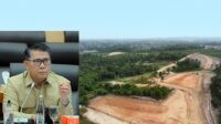 Syarif Fasha (kiri) dan insert areal stockpile batu bara PT SAS. Foto : Ist